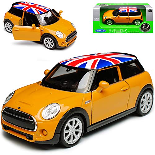 Mini Cooper S F56 New Hatch 3 Türer Gelb mit Union Jack Flag Flagge Dach Ab 2014 ca 1/43 1/36-1/46 Welly Modell Auto mit individiuellem Wunschkennzeichen von WeIIy