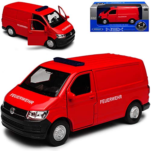 Volkwagen T6 Feuerwehr Rot Transporter Kasten Version T5 Ab 2. Facelift 2015 ca 1/43 1/36-1/46 Welly Modell Auto mit individiuellem Wunschkennzeichen von WeIIy