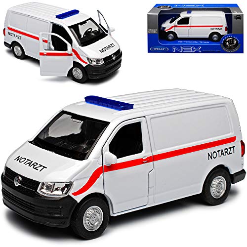 Volkwagen T6 Notarzt Weiss Rot Transporter Kasten Version T5 Ab 2. Facelift 2015 ca 1/43 1/36-1/46 Welly Modell Auto mit individiuellem Wunschkennzeichen von WeIIy