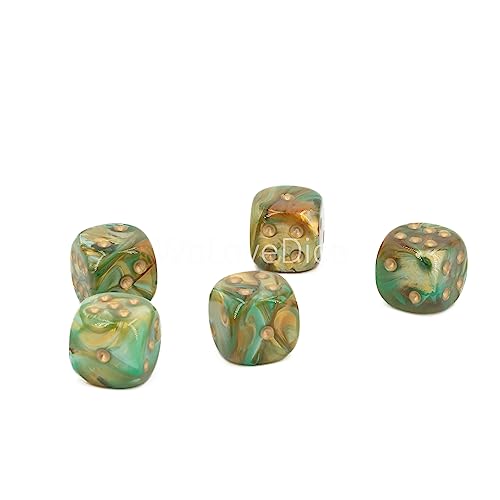 W6 Würfel (16mm) in jungel grün/Golde Punkte - Made in Germany - WeLoveBeads - 5 Stück von WeLoveDice