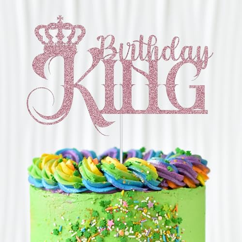 WedDecor Birthday King Cake Topper, Glitter Cupcake Toppers Cake Picks Party Supplies For Men Dads Theme Birthday Party Celebration Desserts Cake Decoration, Baby Pink von WedDecor