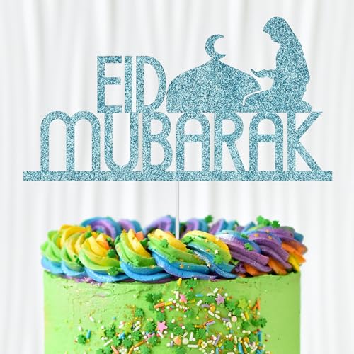 WedDecor Eid Mubarak Glitzer-Kuchenaufsatz, Festival-Kuchenaufsätze, für islamische Gebete, Ramadan-Kareem-Kuchen-Iftar-Dekorationen, Eid-Cupcake-Topper, islamisches Partyzubehör, Babyblau von WedDecor