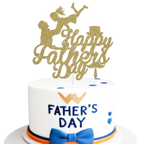 WedDecor Glitzer-Kuchenaufsatz "Happy Fathers Day", Motiv: Vater und Tochter, Cupcake-Dekoration für Vatertag, Superhelden-Mottoparty, Hellgold von WedDecor