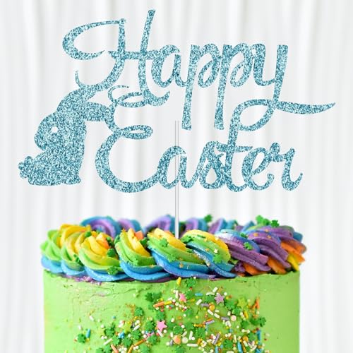 WedDecor Happy Easter Baby-Kuchenaufsatz, blauer Glitzer, Motiv: Hase, sitzendes Osterei, Cupcake-Picks, Happy Spring Ostern, für Kindergeburtstag, Babyparty, Partyzubehör, Dekoration von WedDecor