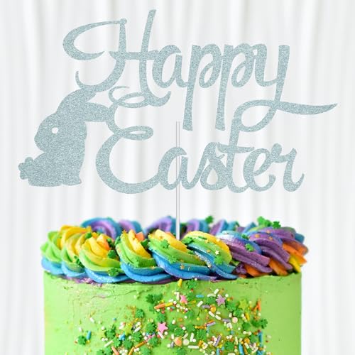 WedDecor Kuchenaufsatz "Happy Easter", verzinkt, silberfarben, glitzernd, Motiv: Hase, sitzendes Osterei, Kuchenpicker für Kindergeburtstag, Babyparty, Partyzubehör, Dekoration von WedDecor