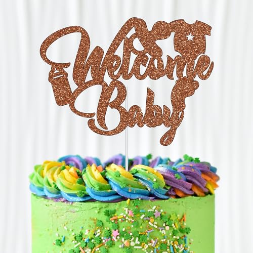 WedDecor Welcome Baby Glitter Cake Toppers Welcoming Baby Cake Picks For Baby Shower, Gender Reveal Cake Decoration, New Born Baby Theme Party Supplies, Brown von WedDecor