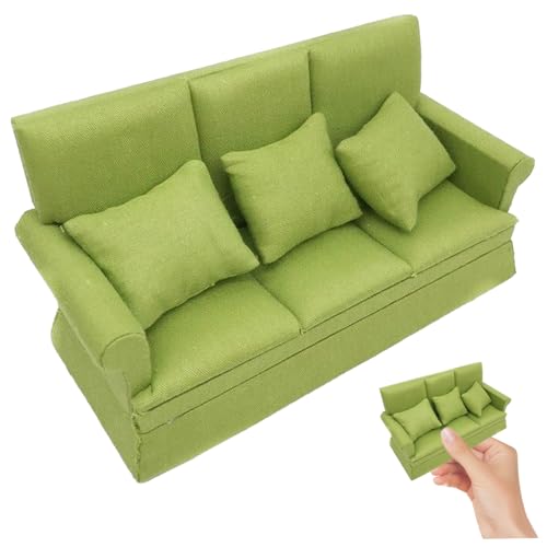 Puppenhaus-Sofa Maßstab 1/12 dreisitzige Miniatur-Sofacouch mit 3 abnehmbaren Kissen süße Miniatur-Dinge für Puppenhausmöbel Babypuppenzubehör grün von Weddflower