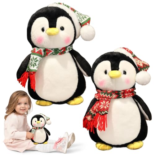 Weddflower 2pcs Penguin Plüsch, niedliches Pinguin -Stofftier mit Hut und Schal 10 Dekorative Weihnachtsgefüllte, weiche Körperpingguine für Home Weihnachtsfeier Verschenke von Weddflower