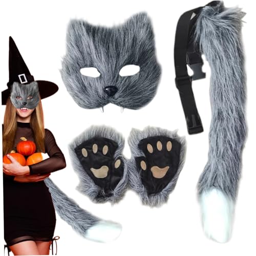 Weddflower 3pcs/Set Fox Kostüm Halloween Pelzige Therian Maske und Schwanz & Pfoten Handschuhe, Plüsch Flauschiger Katze Wolf Pelzige Kostüm für Cosplay Party Halloween Masquerade, Grau von Weddflower