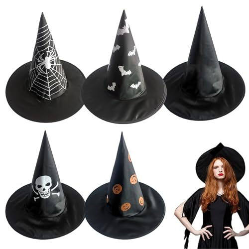 Weddflower 5 PCs Hexenhut, Polyester Black Wizard Hut mit gruseligen Druck, Faltbarer schwarzer Hexenhut Einer Größe Crazy Hut für Hexenkostüm, Cosplay, Halloween Party von Weddflower