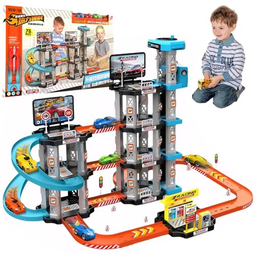 Wedhapy Autogarage-Spielzeug 1 Set Parkgarage-Spielzeug-Spielset 3-lagige Spielzeugautogarage mit Hubschrauberlandeplatz einfach zusammenzubauende Spielzeugautorampe mit Launcher Spielzeugautostrecke von Wedhapy