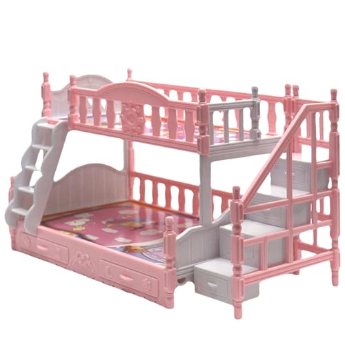 Babypuppe Etagenbett für Mädchen Miniatursimulation Süßes Cartoon Dollhouse Bett mit Treppe Plastikpuppenhaus Möbel Geburtstag Geschenk Babypuppe Etagenbett Puppen Bett Babypuppen Bett Mini Bett von Wedhapy