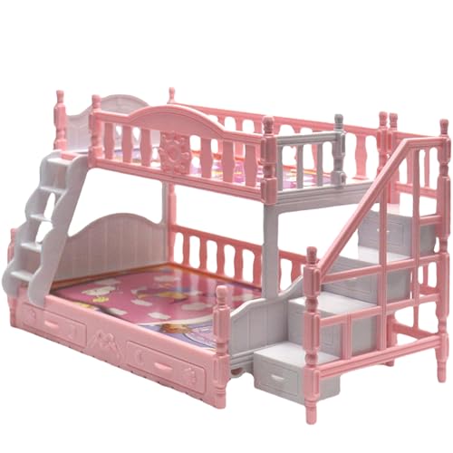 Babypuppe Etagenbett für Mädchen Miniatursimulation Süßes Cartoon Dollhouse Bett mit Treppe Plastikpuppenhaus Möbel Geburtstag Geschenk von Wedhapy