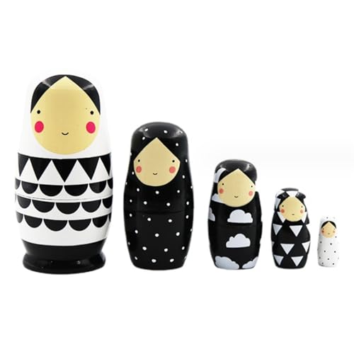 Russische Puppen, 5pcs hölzernen russischen Nistpuppen, niedliche schwarze und weiße Nistpuppen für Kinder Erwachsene, wasserdichte Stapelmatryoshka Puppe für den Geburtstag des Ostermutters Russian von Wedhapy