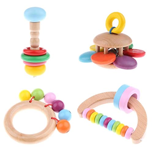 Wedhapy 4PCS Baby Rassel Baby Holz Rassel Hand Glocke Spielzeug Pädagogisches Greifen Rassel für Kleinkinder Holz Baby Spielzeug von Wedhapy