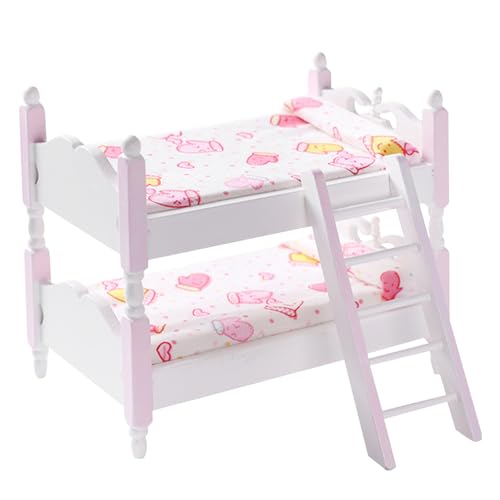 Wedhapy Baby-Puppenbett Puppen-Etagenbett Puppenhausbett aus Holz im Maßstab 1:12 mit Leiter und geblümter Bettwäsche DIY realistisches Puppenbett Puppenhausmöbel für Puppenhaus Style2 von Wedhapy