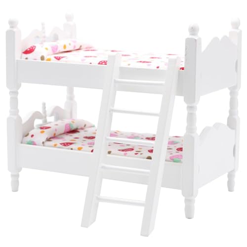 Wedhapy Baby-Puppenbett Puppen-Etagenbett Puppenhausbett aus Holz im Maßstab 1:12 mit Leiter und geblümter Bettwäsche DIY realistisches Puppenbett Puppenhausmöbel für Puppenhaus weiß von Wedhapy