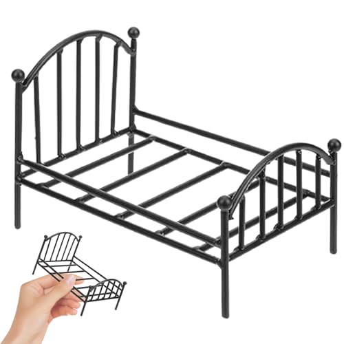 Wedhapy Dollhouse Bett Metall EIN-Betten-Puppenhausmöbel Miniatur Vintage Bett realistisches Puppenbett 6,3 x 4,3 x 3,9 Zoll 1 12 Skala Dollhouse Möbel für Foto-Requisiten Schwarz von Wedhapy