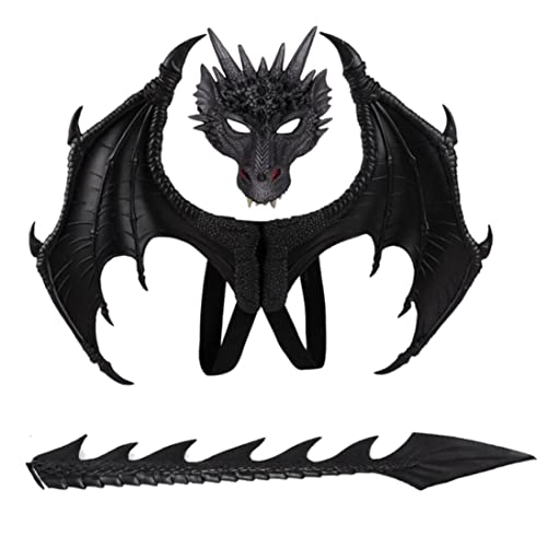 Wedhapy Drachenflügel für Kinder Halloween-Drachen-Set Gesichtsbedeckungen Flügel Schwanz Cosplay-Kostüm Foto-Requisiten Schwarz 3-teilig von Wedhapy