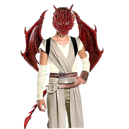 Wedhapy Drachenschwanz Für Kinder Halloween Drachen Set Gesichtsbedeckungen Flügel Schwanz Cosplay Kostüm Foto Requisiten Rot 3 Teilig von Wedhapy