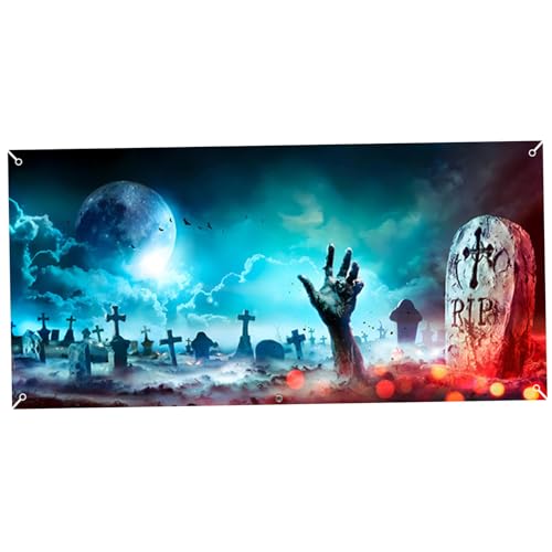 Wedhapy Halloween-Garagentor Halloween-Hintergrund 3,9 x 1,8 m hängende Polyester-Garagentorabdeckung schrecklicher Friedhof Halloween-Türabdeckung für Garagentor-Dekor Stil 1 von Wedhapy