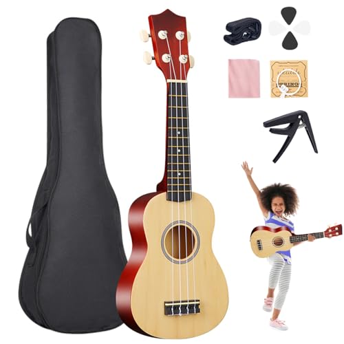 Wedhapy Kinder Ukulele 21 Zoll Ukulele für Anfänger 4 saitige Kleinkindgitarre Klassische Lindenholz Ukulele mit Plektrum Kapodaster Tragetasche Musikinstrument Spielzeug Holzfarbe von Wedhapy