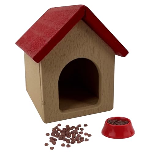 Wedhapy Miniatur-Hundehütte mit Hundenapf und Hundefutter Puppenhaus-Zwinger im Maßstab 1:12 Holz-Haustierhaus Puppenhausmöbel für Puppenhauszubehör Dekoration kleines Spielzeug von Wedhapy