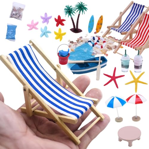 Wedhapy Miniatur-Strandspielzeug Puppenhaus-Dekoration Miniatur-Strandzubehör Mini-Sonnenschirm Palmenstuhl Spielzeug Sommer Ozean Tortenaufsätze 25 STK von Wedhapy