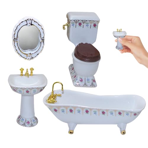 Wedhapy Puppenhaus Badewanne Puppenhaus Badezimmer Set inklusive Toilette Badewanne Waschbecken Spiegel 1:12 Puppenhaus Möbel Spielzeug mit Blumenmuster für Puppenhaus Zubehör von Wedhapy