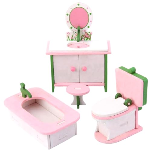 Wedhapy Puppenhaus-Möbelset inklusive Puppenhaus-Toilette Badewanne Stuhl und Frisiertisch. Realistische Miniaturmöbel. Dekoratives Puppenhaus-Badezimmerset zum Selbermachen aus Holz für Rollenspiele von Wedhapy