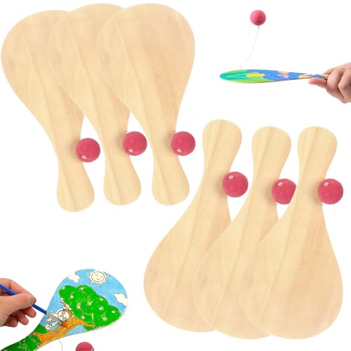 Wedhapy Schläger und Ballset 6 teilig blanker Paddelschläger und Ball auf elastischem DIY bemaltem Holzschläger Ballspiel Requisiten für Kinder Partytüten Spielzeug Schläger und Ballset von Wedhapy