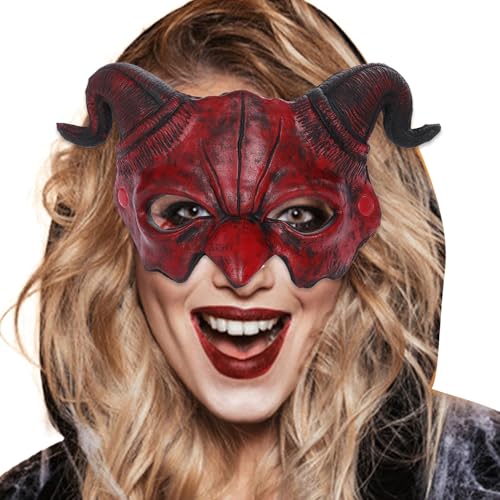 Wedhapy Teufelskostüm Teufelsdämonenmaske Halbgesicht gruselige Halloween-Geistermaske mit roten Hörnern Monstermaske aus Ziegen- und Schafhorn für Cosplay Maskerade Kostümparty-Zubehör von Wedhapy