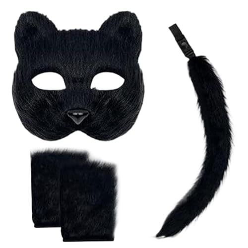 Wedhapy Therian-Maske und -Schwanz Fuchs-Maske und -Schwanz mit Fuchspfoten realistisches personalisiertes Flauschiges Wolfskostüm aus Plüsch für Frauen pelziges Therian-Kostüm für Halloween Schwarz von Wedhapy