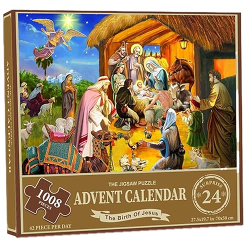 Wedhapy Weihnachts-Adventskalender 2024 1008-teiliges Puzzle 24 Tage Die Geburt Jesu Weihnachts-Countdown-Kalender Adventskalender-Puzzle von Wedhapy