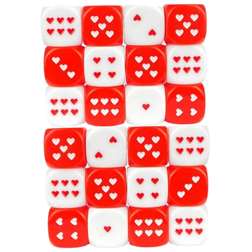 DICE-Set, Herzwürfel 24PCS 1x1x1 Rot-Weiß-Würfel mit herzförmiger Punkt für Jede Seite tragbarer und leichtes Acryl-Würfelsatz für Brettspiele, Partyspiele, Würfeletet von Weduspaty