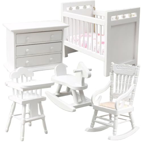 Holzpuppenhaus, 1 12 Skala Dollhouse Möbelset, Holzminiaturmöbel umfassen Babybett, rockiges Pferd, Stuhl, Schrank Baby Schlafzimmer Puppenhauszubehör, Weiß von Weduspaty