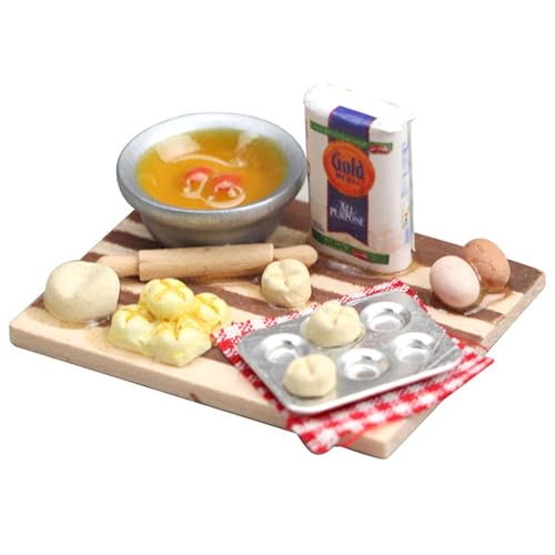 Weduspaty Dollhouse Food, 1 12 Skala Miniatur -Lebensmittel mit Mini -Essen Eier Milchbrotmodell, Harz Mini -Lebensmittelspielzeug mit Holzbasis, DIY Miniatur -Kochset, Spielzeugfutter von Weduspaty