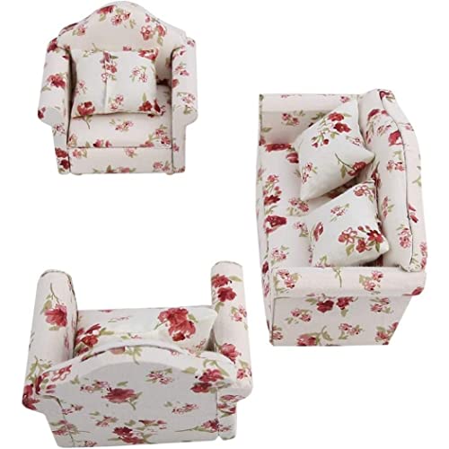 Weduspaty Dollhouse -Sofa, 1/12 Skala Dollhouse Accessoires Blumenmuster Mini Möbelsofa Set mit Rückenkissen, 1 von Weduspaty