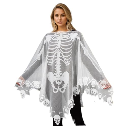 Weduspaty Halloween Skeleton Kostüm Spitze Skelett Poncho für Frauen Skelett Cape 57x57 Zoll weißes Skelett Kostüm Poncho Halloween Kostüm für Frauen, Halloween -Kostüme von Weduspaty