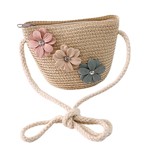 Weduspaty Mädchen Umhängetasche, Florale geflochtene Tasche für Kinder, Damen Strohbeutel, Mini Strohkreuzkörperbeutel, Strandstrohbeutel Beige von Weduspaty