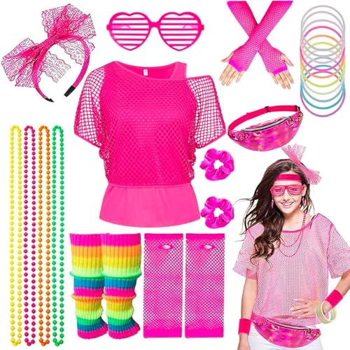 80er-Jahre-Kostüme für Damen, 80er-Jahre Accessoires für Damen, mit Netz-T-Shirt, Tank-Tops, Tutu-Rock, Handschuhe, Ohrringe, Halskette, Brille, Stirnband, Armband für Retro-Disco-Party (Rosa, XL) von Weekcos