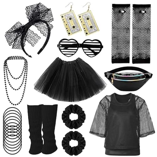 80er-Jahre-Kostüme für Damen, 80er-Jahre Accessoires für Damen, mit Netz-T-Shirt, Tank-Tops, Tutu-Rock, Handschuhe, Ohrringe, Halskette, Brille, Stirnband, Armband für Retro-Disco-Party (Schwarz, M) von Weekcos