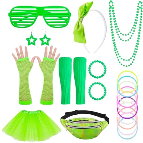 Weekcos 80er 90er Jahre Outfit Damen Mädchen, 80er Jahre Kostüm Accessoires Damen Rock Neon Halskette Armband Ohrring Handschuhe Stirnband Bauchtasche 80er jahre Karneval Kleidung Kostüm von Weekcos