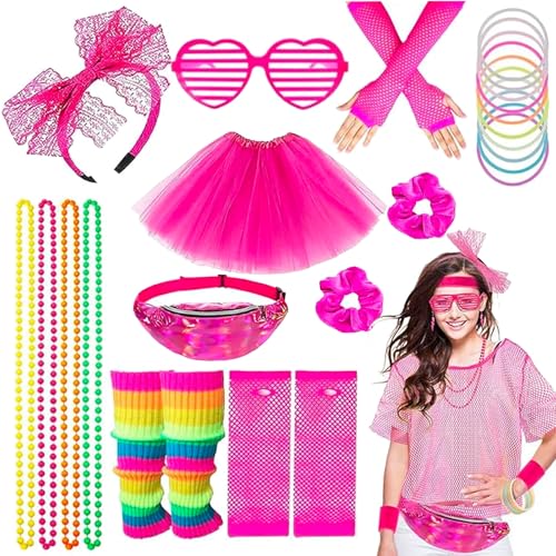 Weekcos 80er 90er Jahre Outfit Damen Mädchen, 80er Jahre Kostüm Accessoires Damen Rock Neon Halskette Armband Ohrring Handschuhe Stirnband Bauchtasche 80er jahre Karneval Kleidung Kostüm von Weekcos