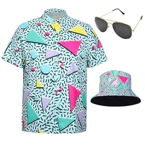 Weekcos 80er Jahre Outfit Herren 80er Jahre Kleidung Set Rapper Zubehör mit Eimer Hut Gläser Hemd Bauchtasche Faschingskostüme Hip Hop Kostüm Herren 80er 90er Jahre (Style-2, L) von Weekcos