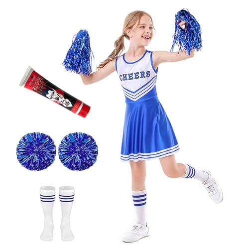 Weekcos Cheerleader Kostüm Kinder, Cheerleader Outfit Mädchen Kleid mit Pompoms Socken, Cheerleading Uniform für Halloween Party Verkleidung Karneval Mottoparty (Blau, 110) von Weekcos