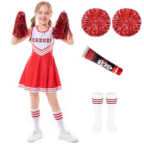 Weekcos Cheerleader Kostüm Kinder, Cheerleader Outfit Mädchen Kleid mit Pompoms Socken, Cheerleading Uniform für Halloween Party Verkleidung Karneval Mottoparty (Rot, 110) von Weekcos