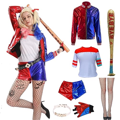 Weekcos Cosplay Rot Blau Kostüme für Erwachsene Mädchen, Halloween Kostüm mit Handschuhe, Jacke, T-Shirt, Shorts für Halloween Karneval (Erwachsene, L) von Weekcos