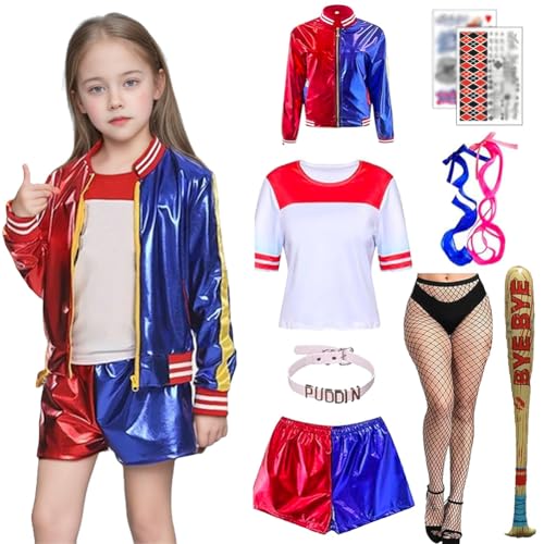 Weekcos Cosplay Rot Blau Kostüme für Kinder Mädchen, Halloween Kostüm Mädchen mit Handschuhe, Jacke, T-Shirt, Shorts für Halloween Karneval (Kinder, 130) von Weekcos