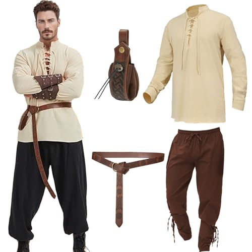 Weekcos Mittelalter Kleidung Herren Kostüm Set, Herren Mittelalter Hemd, Hose, mit Gürtel, Herren Renaissance Mittelalter Kleidung Zubehör für Halloween Karneval Party Cosplay Geschenk (L) von Weekcos